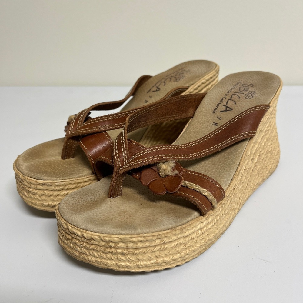 Sbicca Women Brown Leather Floral Wedge Platform Sandals Espadrille 9M Beach